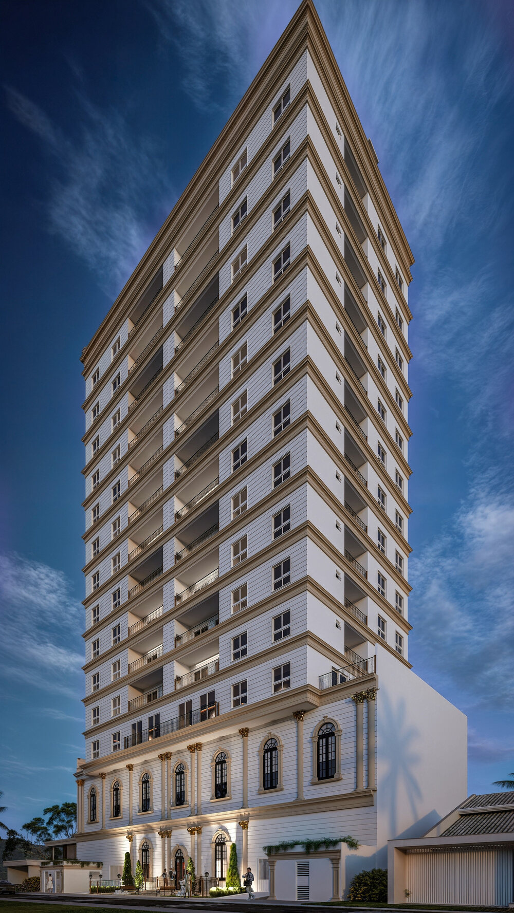 Fachada neoclássica do Pérola Tower ao entardecer, empreendimento da Valore Incorporadora em Camboriú